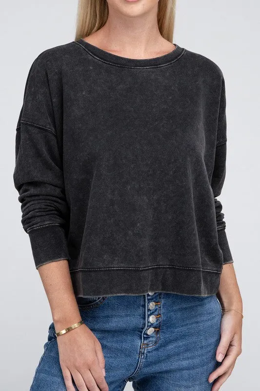 Zenana French Terry Acid Wash Boat Neck Sweatshirt